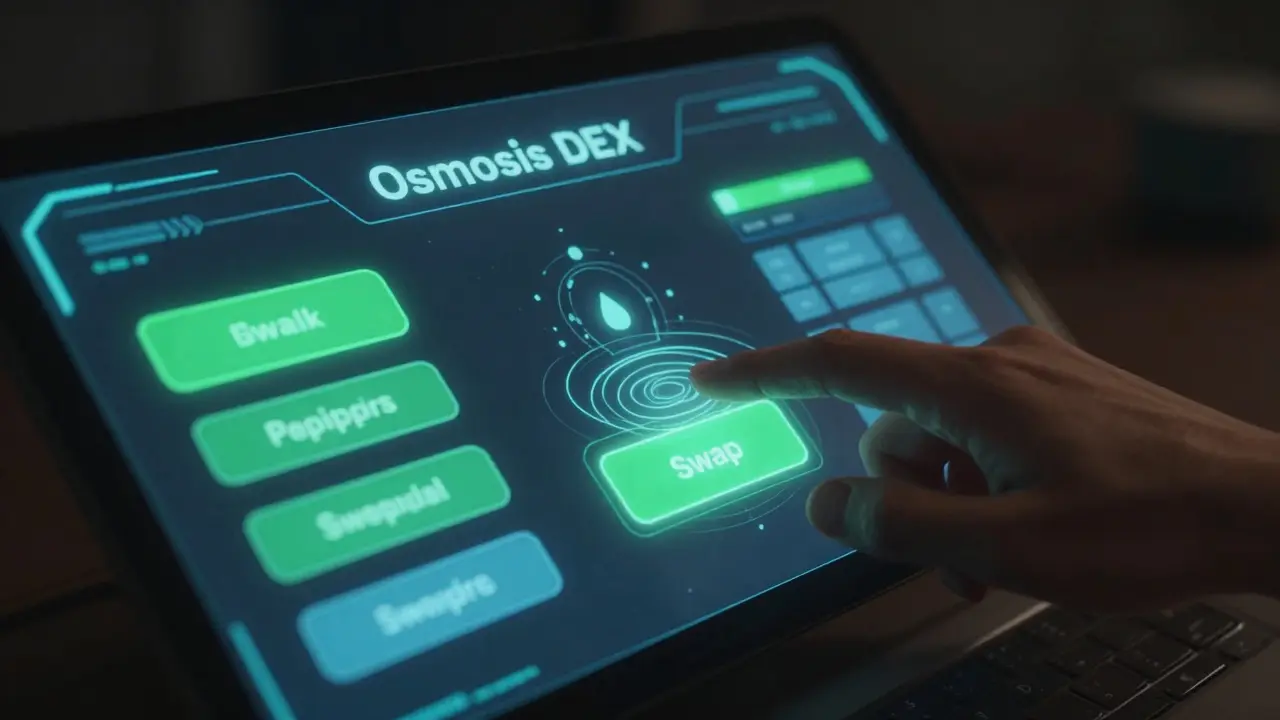 DC style holographic dashboard showing Osmosis swap interface