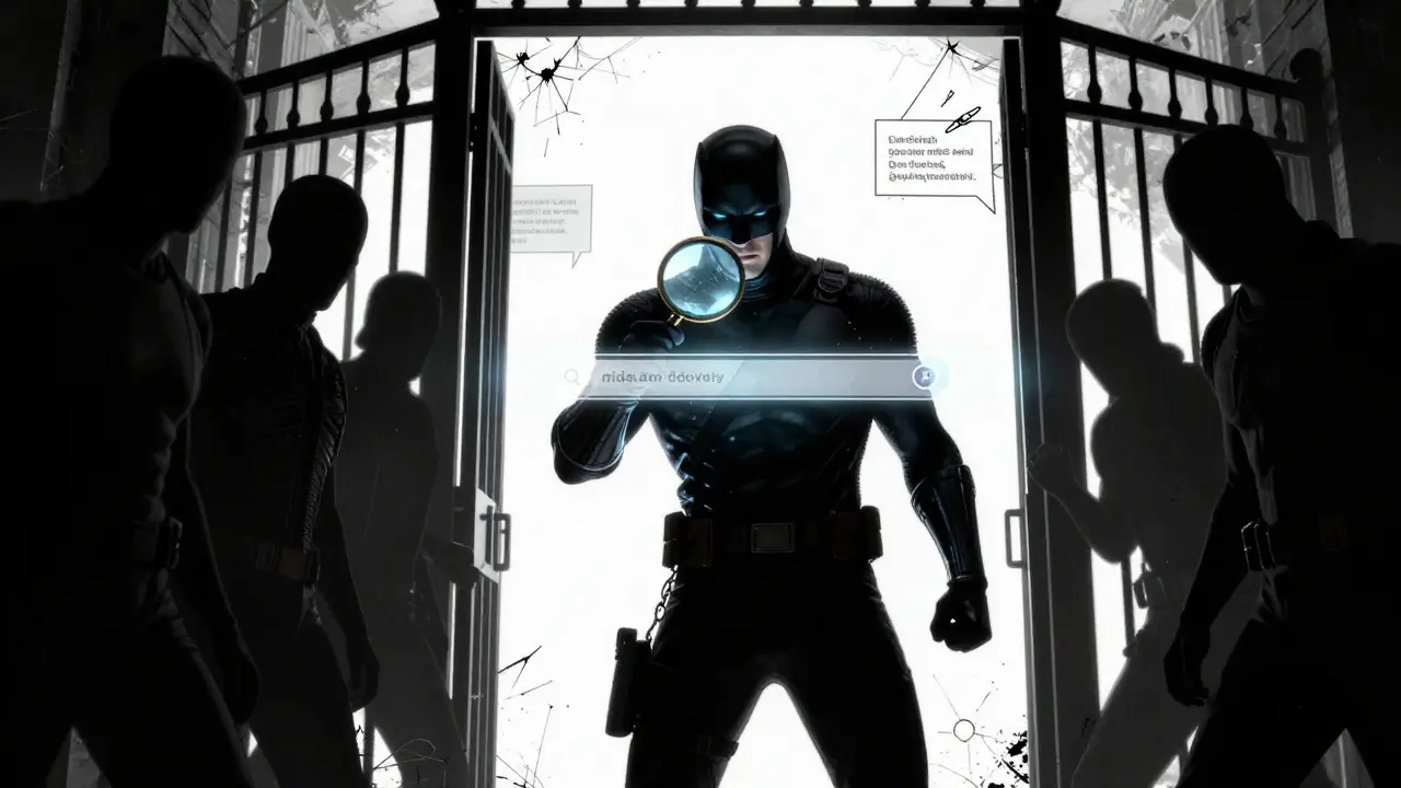 DC style image of a guardian blocking digital scammers at a secure crypto gateway.