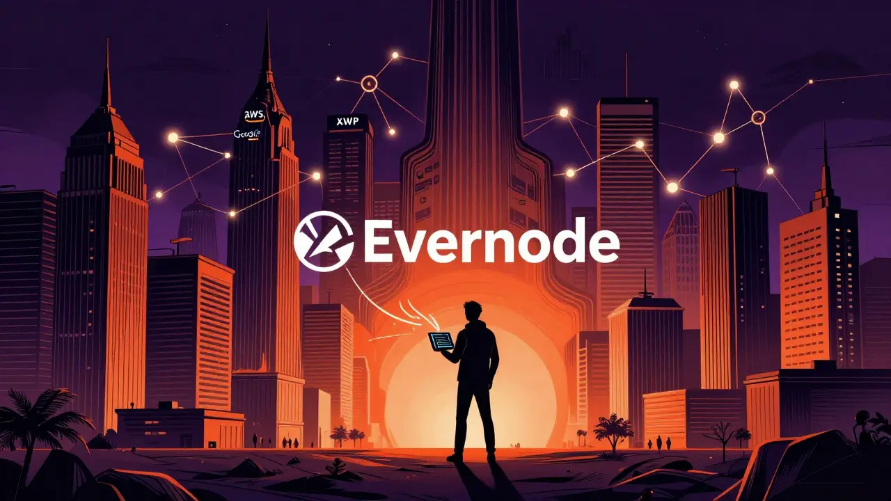 Developer facing a vast decentralized cloud network in dramatic comic art.
