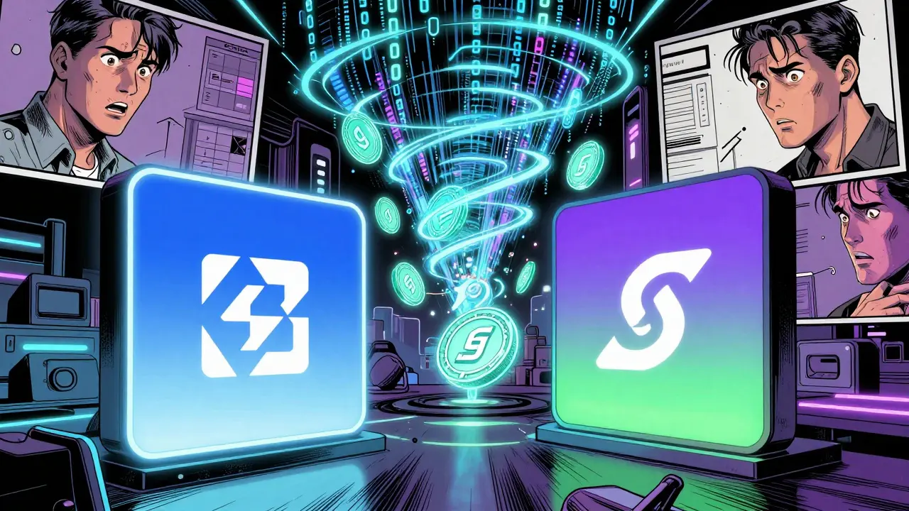 Digital art showing Base and Solana blockchain portals with floating crypto tokens.