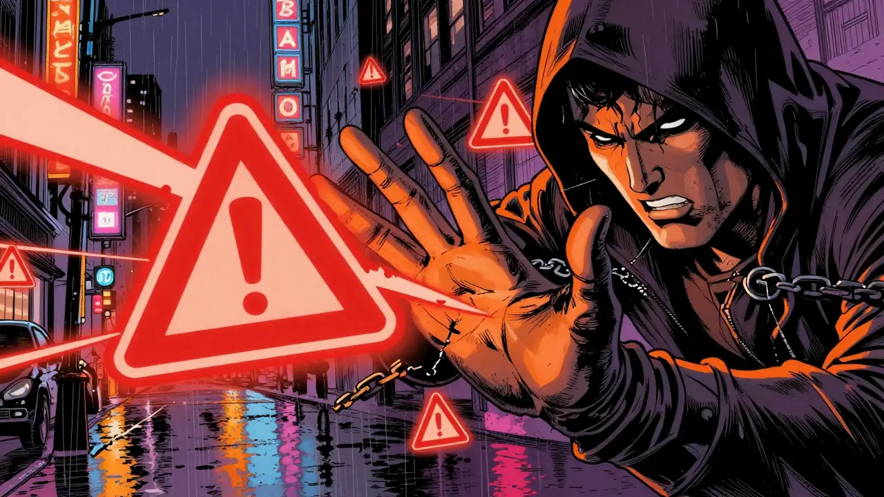 Digital wallet under attack by red warning symbols in comic style