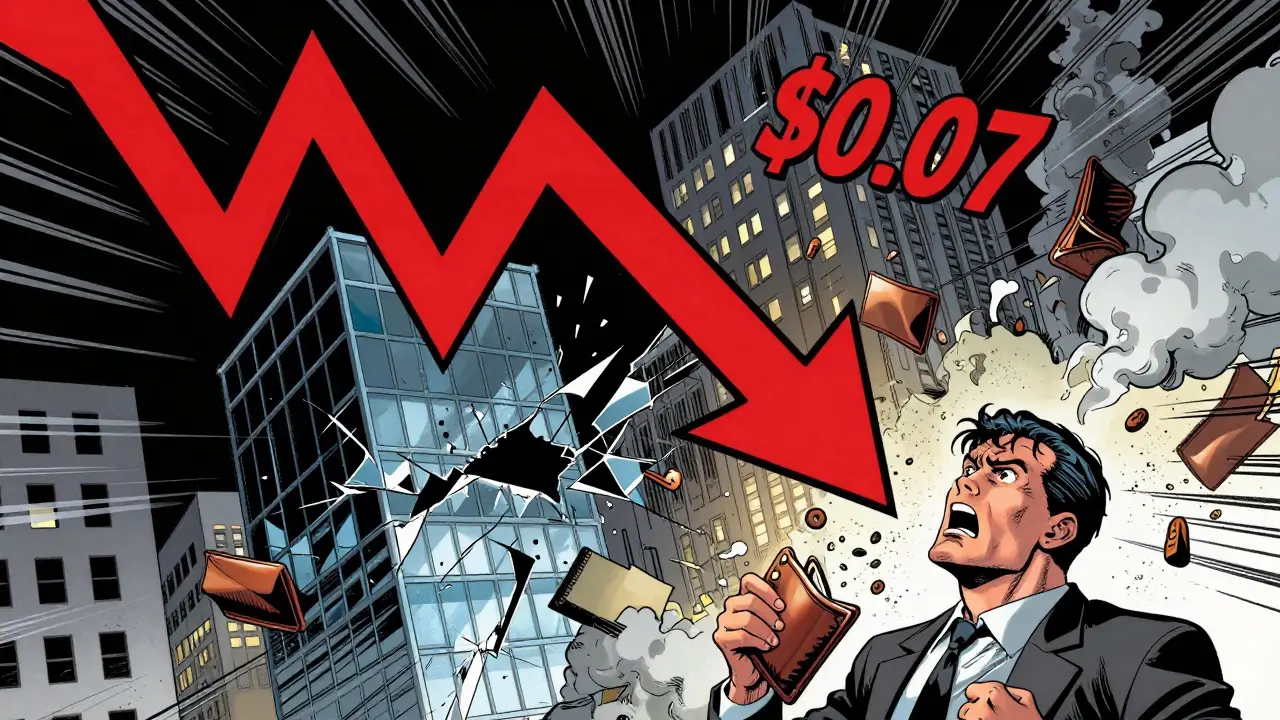 Dramatic comic panel of a financial crash with a red arrow destroying buildings.