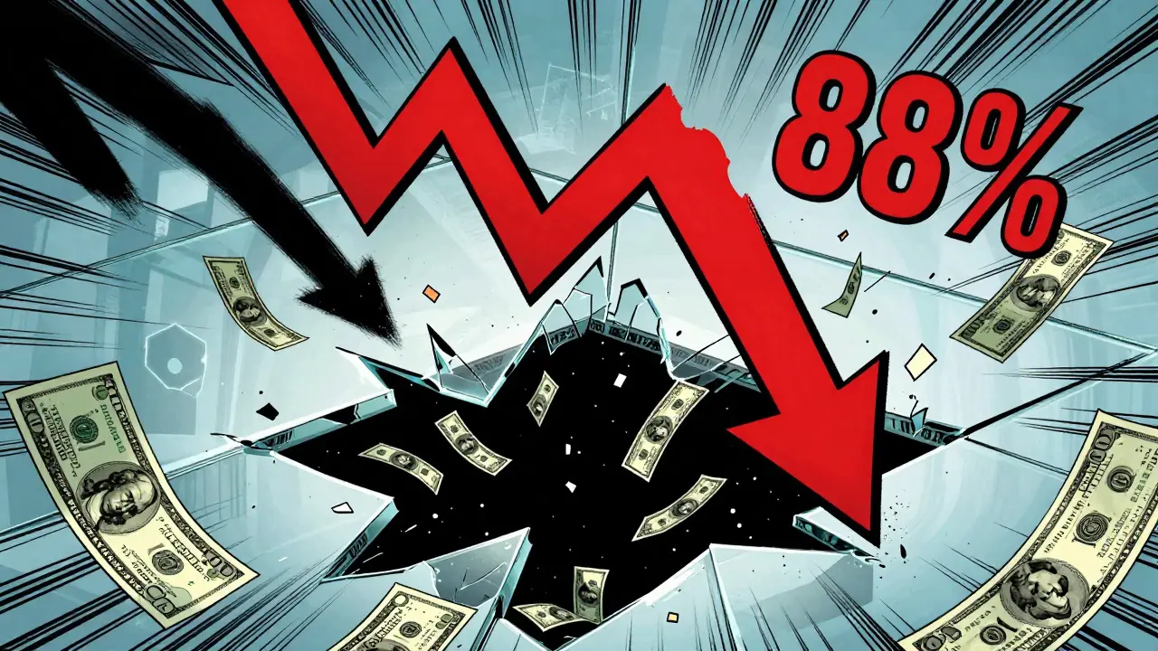 Dramatic red arrow crashing down through glass, symbolizing price drop and risk