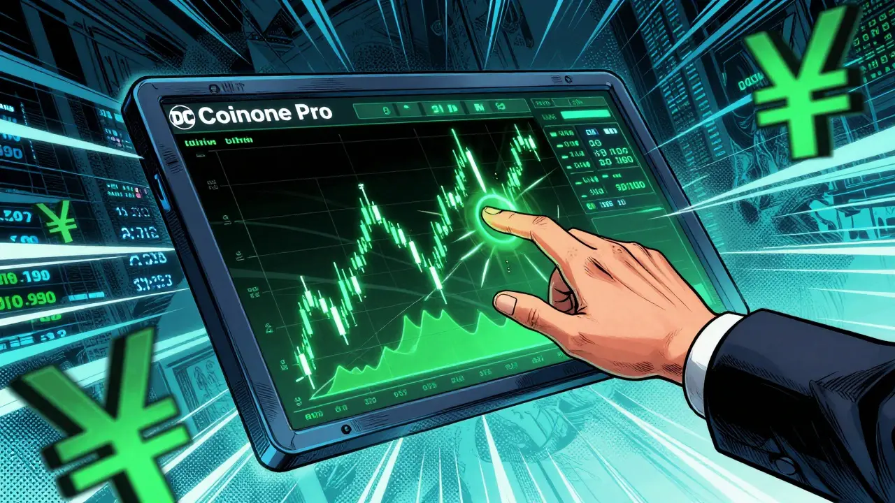 Dynamic comic art of trader interacting with holographic crypto charts