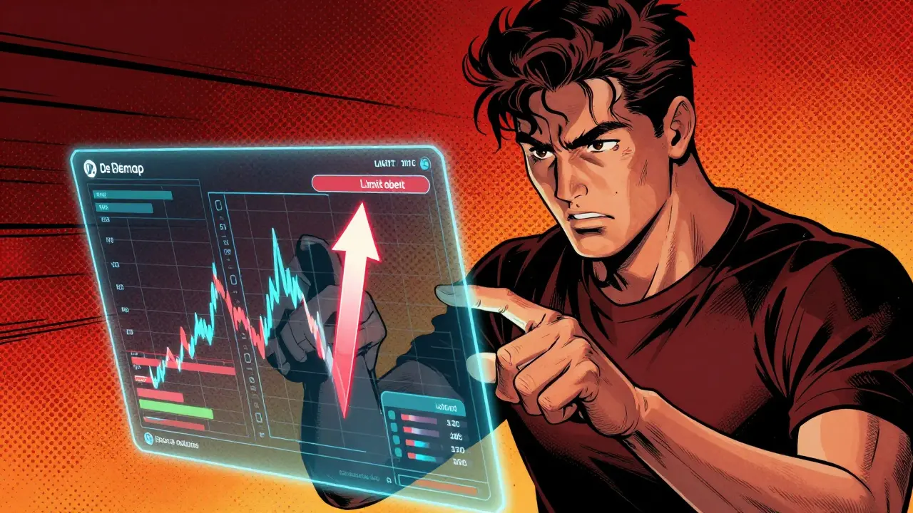 Dynamic comic illustration of a trader using holographic tools for swaps and lending.