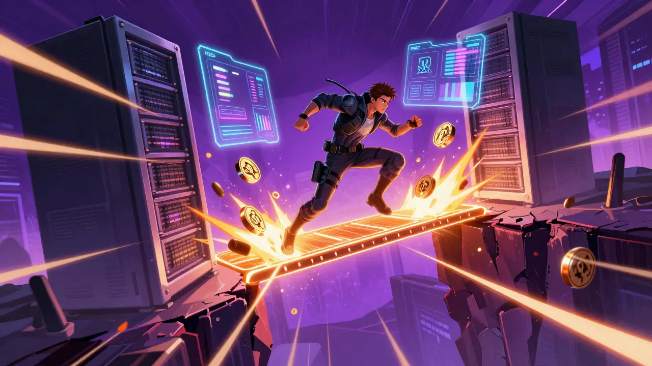 Dynamic comic scene of a character bridging tokens and providing liquidity on the TENFI platform.