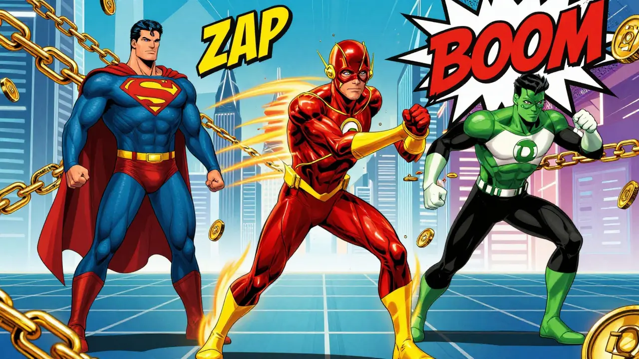 Ethereum, Solana, and Polygon personified as superheroes comparing speed and cost