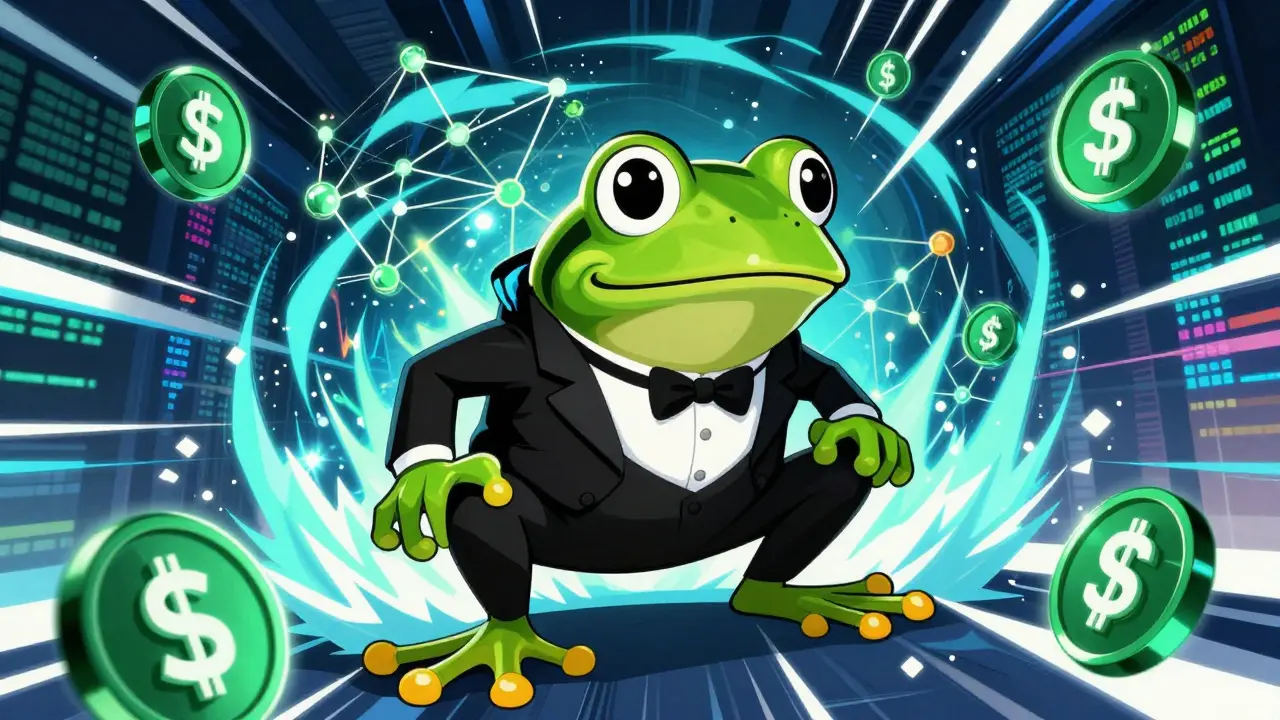 Frog in tuxedo amidst swirling blockchain data and crypto symbols.