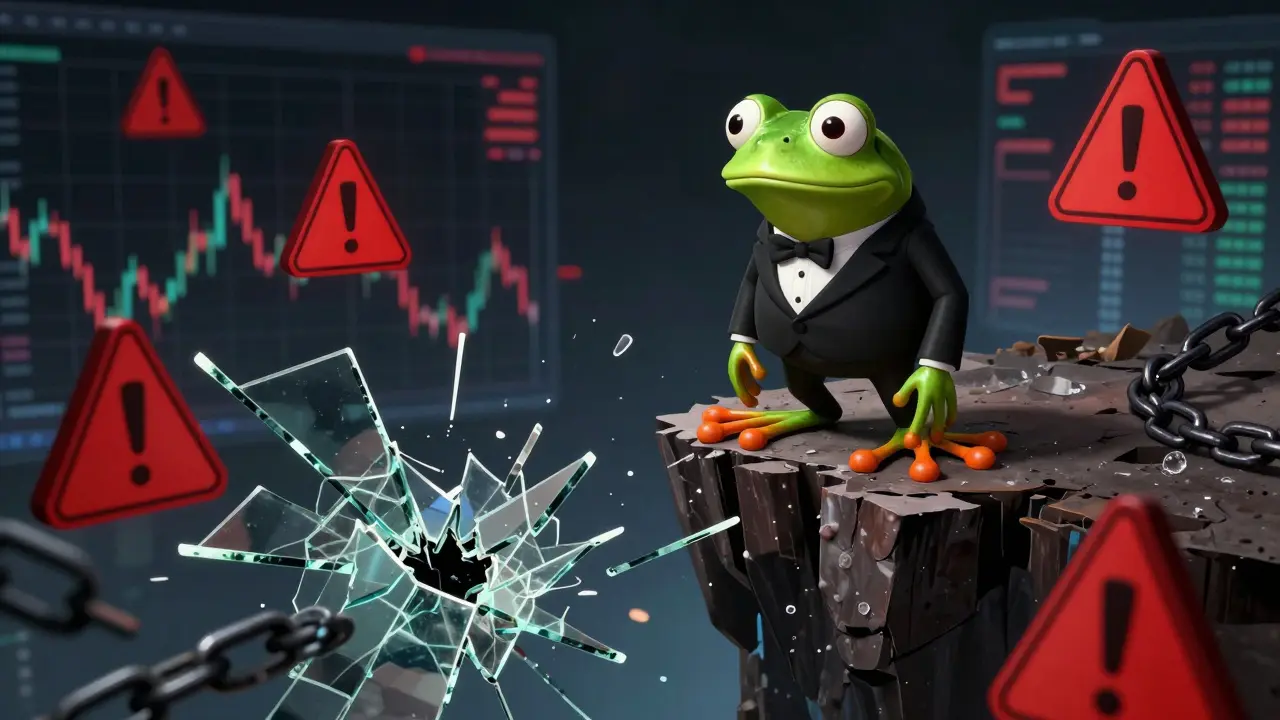 Frog in tuxedo on a digital cliff edge representing crypto risk.