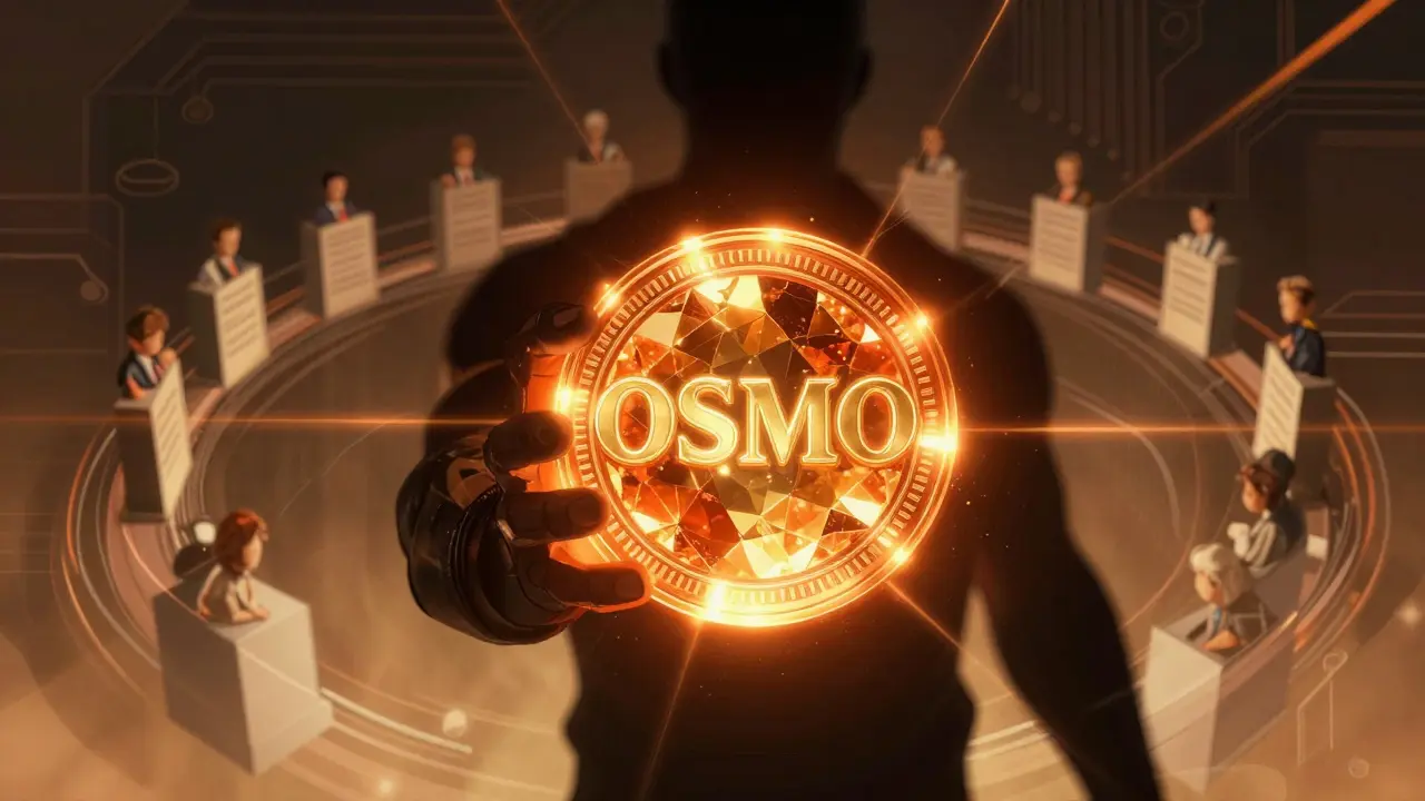Glowing OSMO token crystal held by a figure in comic style