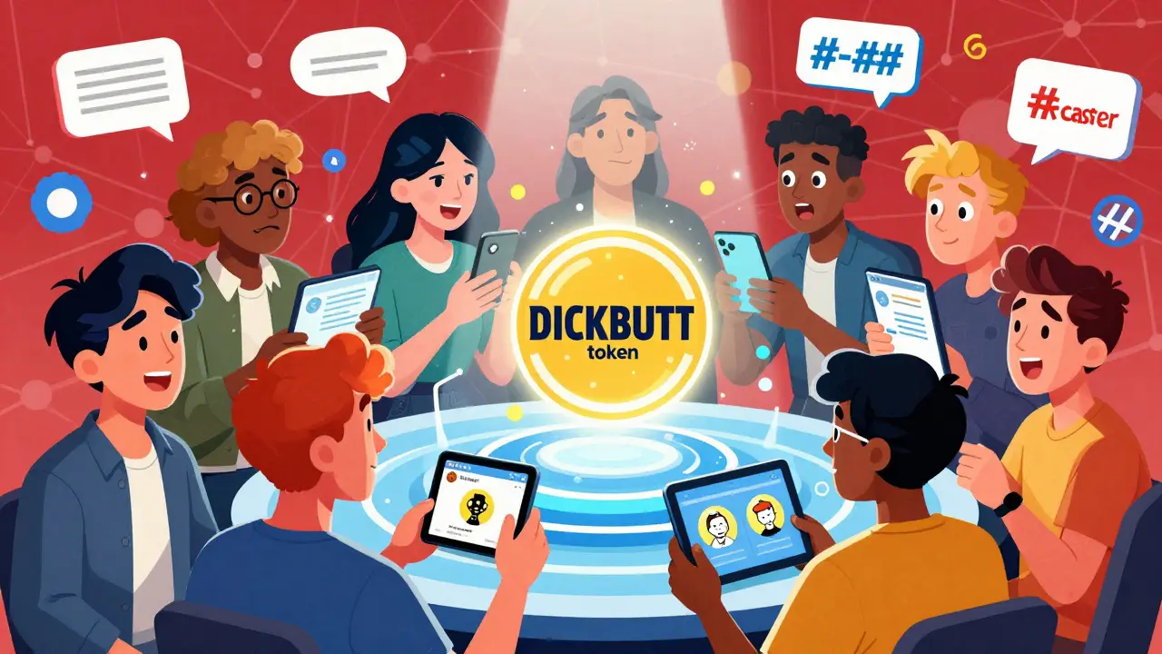 Group of people engaging with crypto memes on devices in a vibrant comic style.