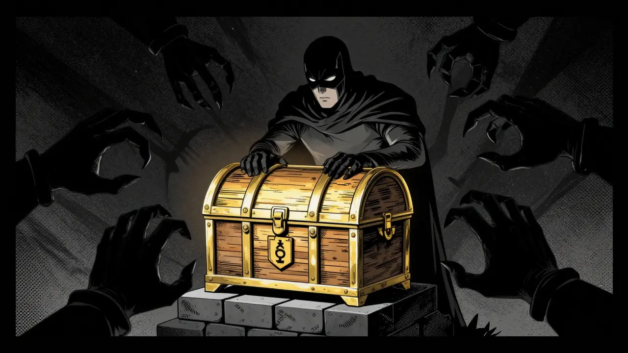 Guardian protecting token chest from shadowy scammer hands