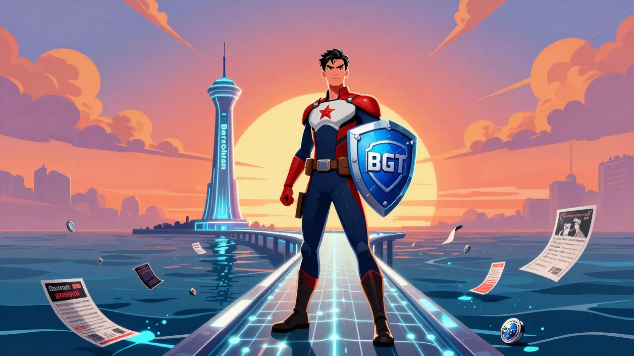 Hero on blockchain bridge heading toward Berachain tower