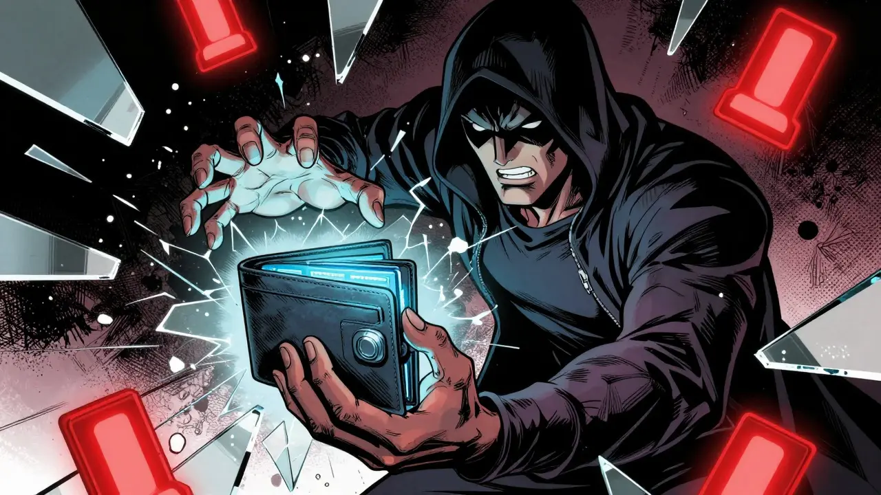 Hero protecting digital wallet from shadowy scammer hand in comic style
