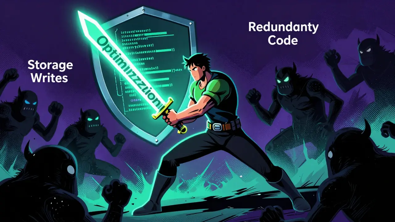 Heroic developer fighting code inefficiency monsters with optimization sword