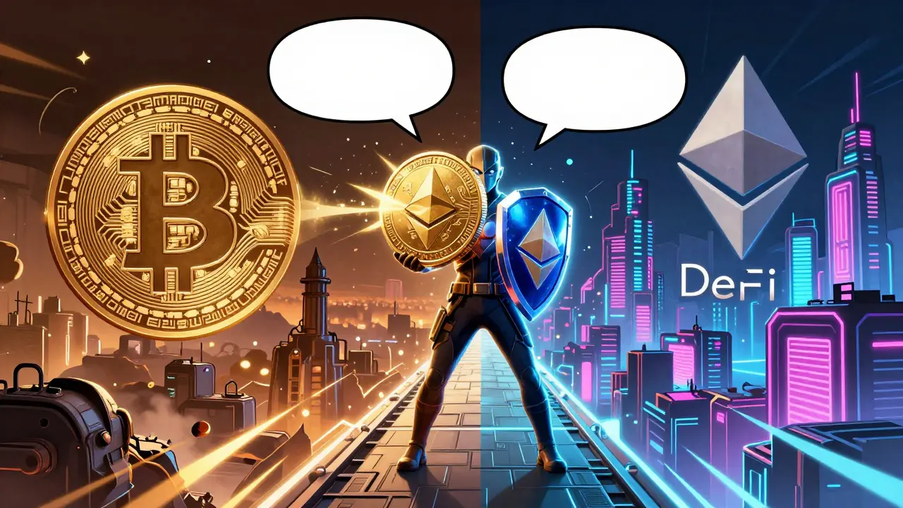 Heroic figure bridging two distinct blockchain worlds with data flow