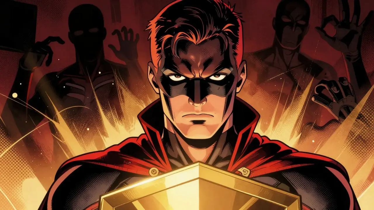 Heroic figure protecting against digital scams and risks in a dark, stylized DeFi environment.