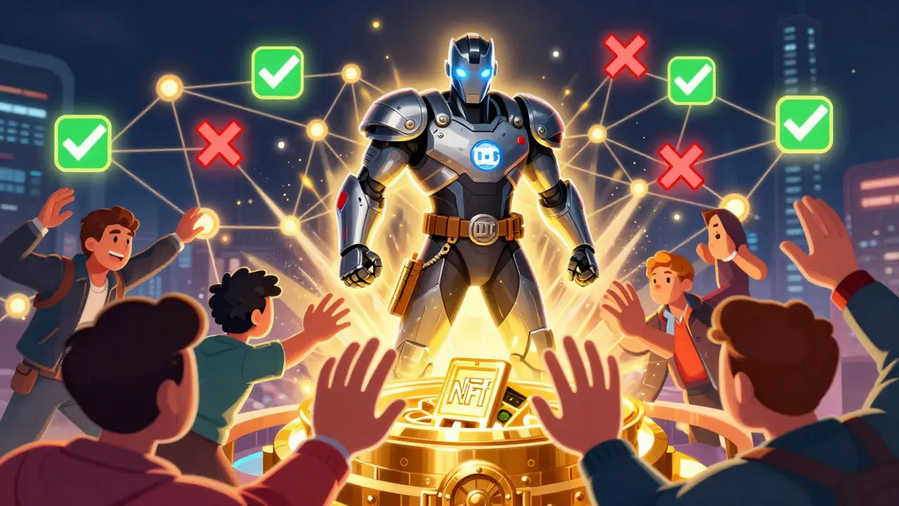 Heroic figure protecting NFTs on a secure embedded blockchain network