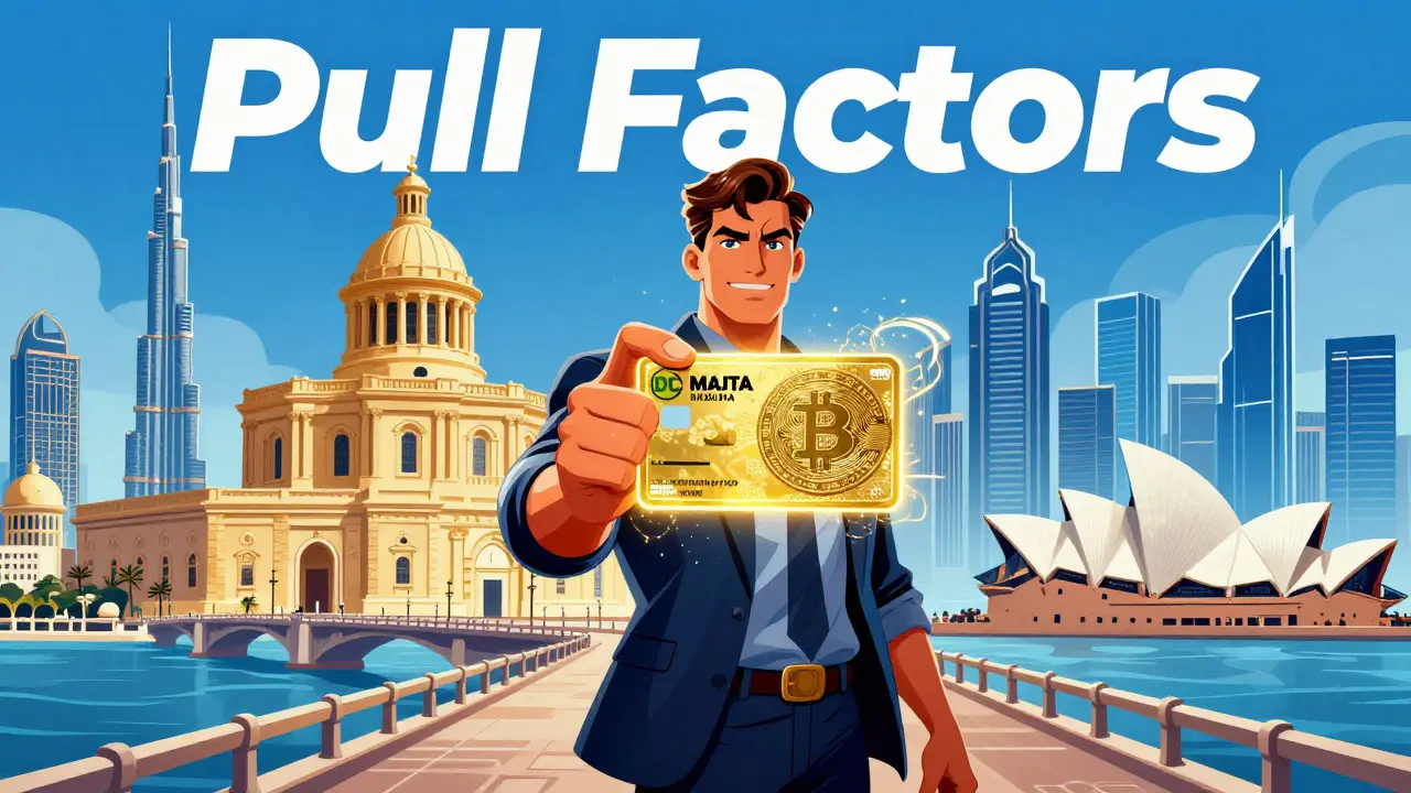 Heroic trader holding golden visa near Dubai skyline
