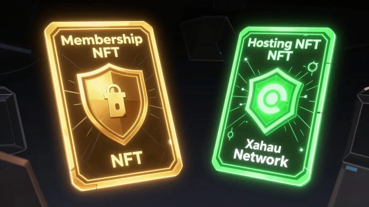 Holographic Membership and Hosting NFTs floating over a tech background.