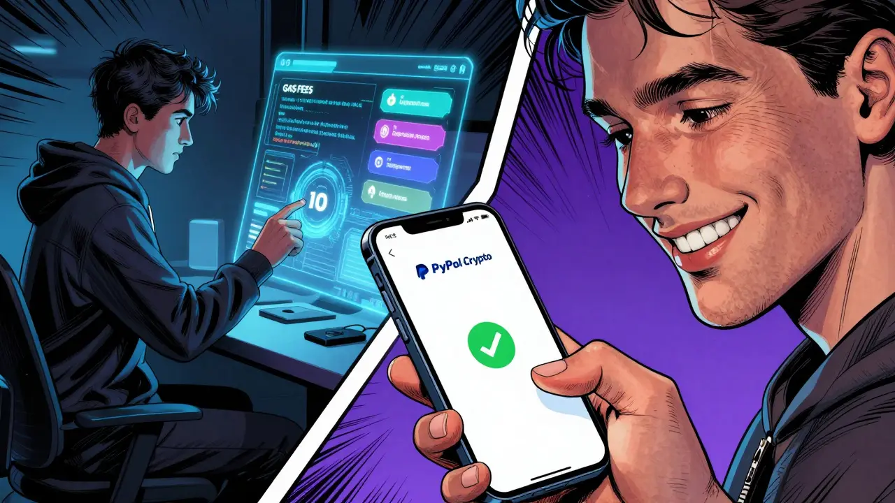 Illustration contrasting easy PayPal checkout interface with complex direct-to-wallet crypto setup.