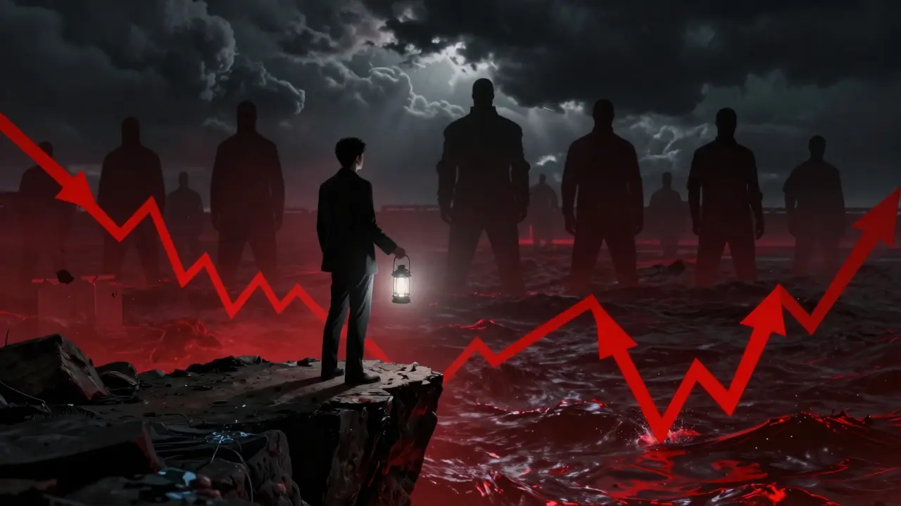 Investor on a cliff with a dim lantern amidst stormy market charts in DC style