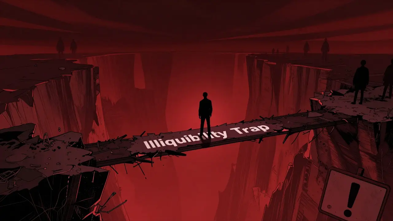 Investor on crumbling bridge over illiquidity abyss in comic style