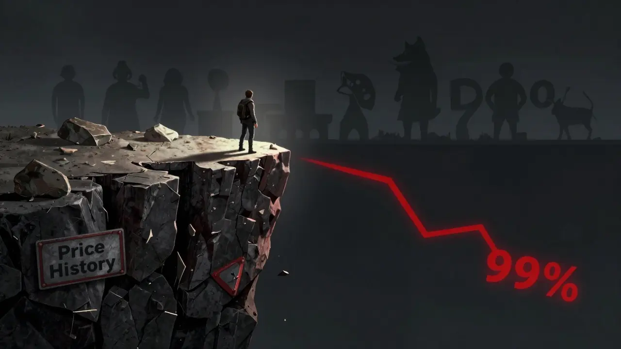 Investor standing on crumbling price cliff edge