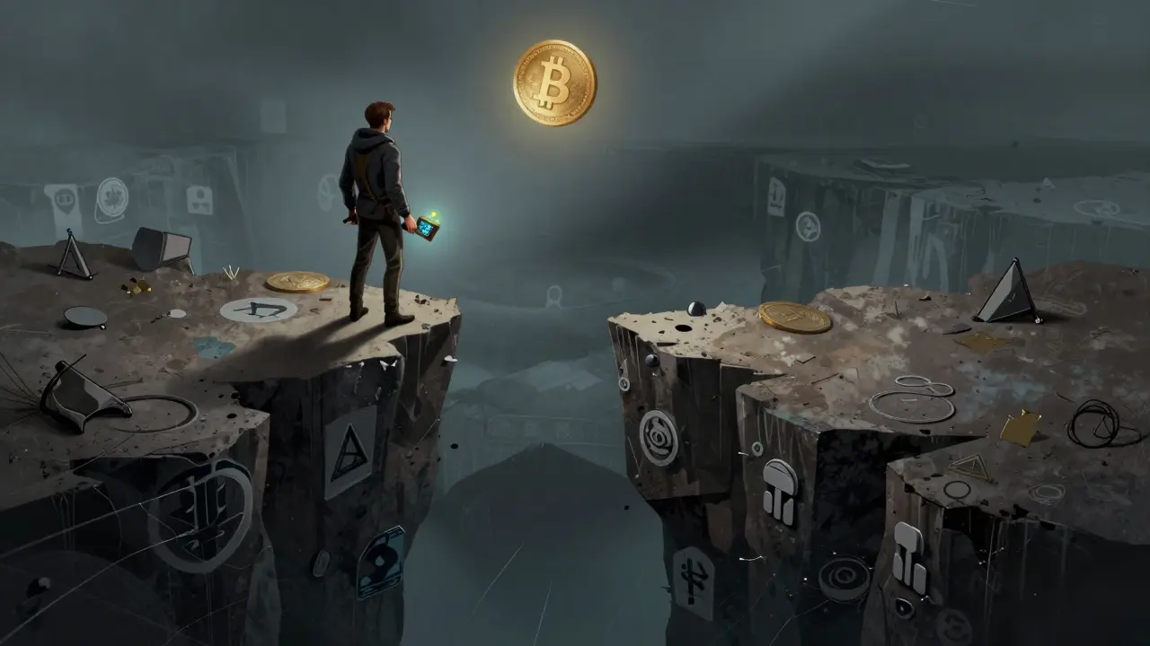 Lone trader facing high-risk crypto abyss in dramatic comic book style