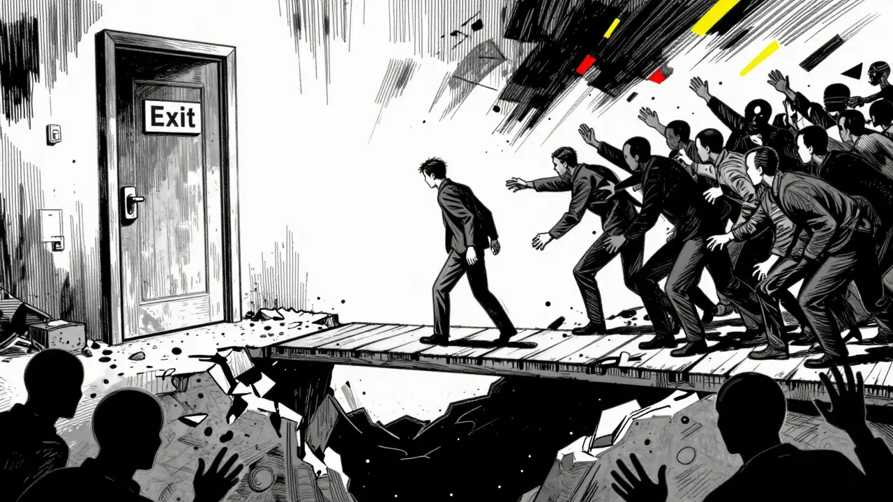Person trapped on a crumbling bridge over a void, symbolizing liquidity issues.