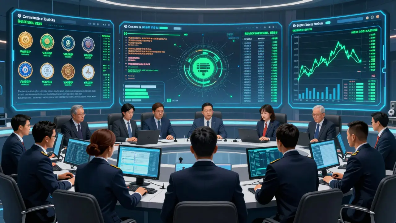 Regulators monitoring blockchain data and licenses in a high-tech Central Bank control room