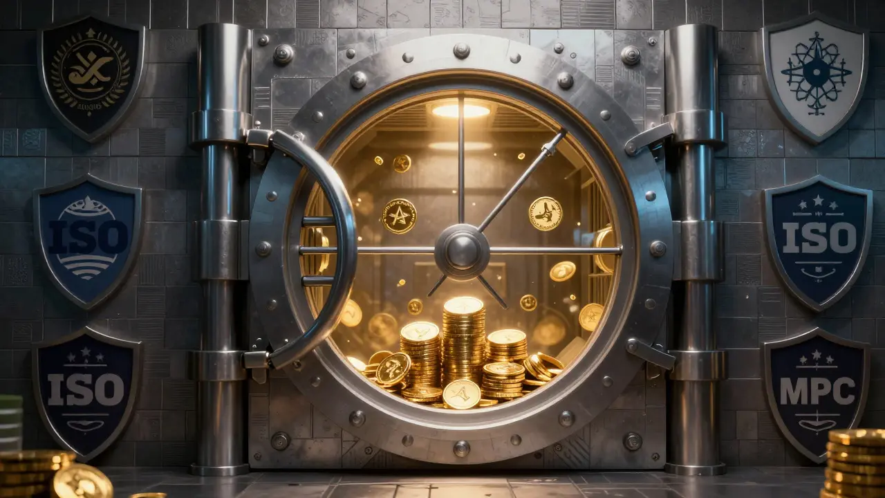 Secure vault protecting staked cryptocurrency assets in DC comic style