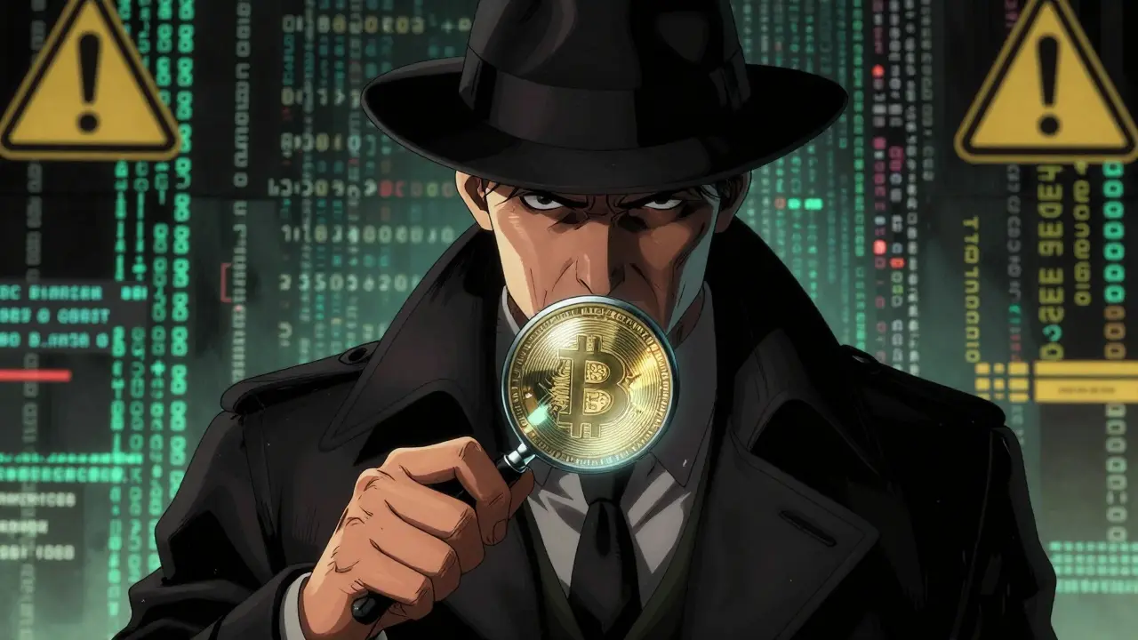 Skeptical detective examining a glowing crypto coin against a wall of blockchain code.