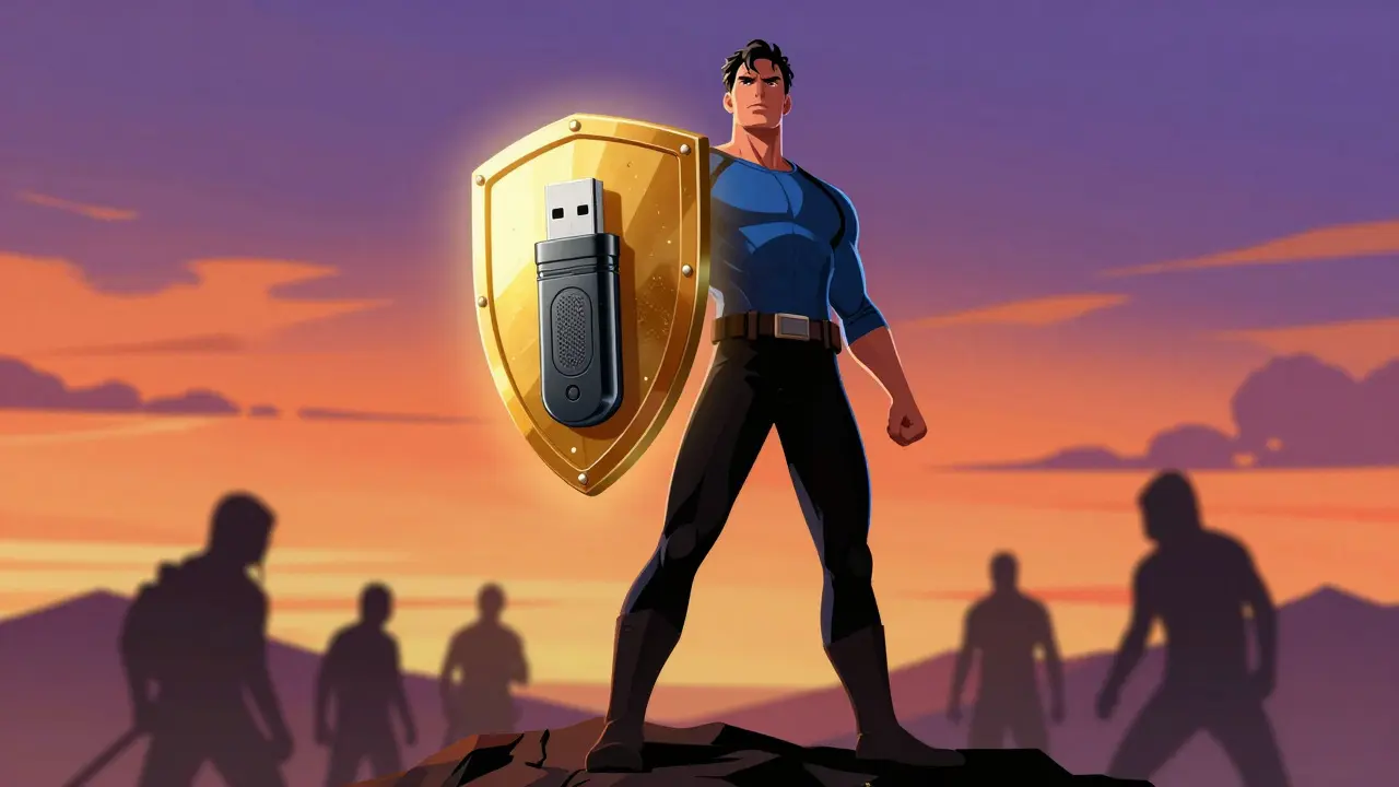 Superhero holding hardware wallet with protective shield
