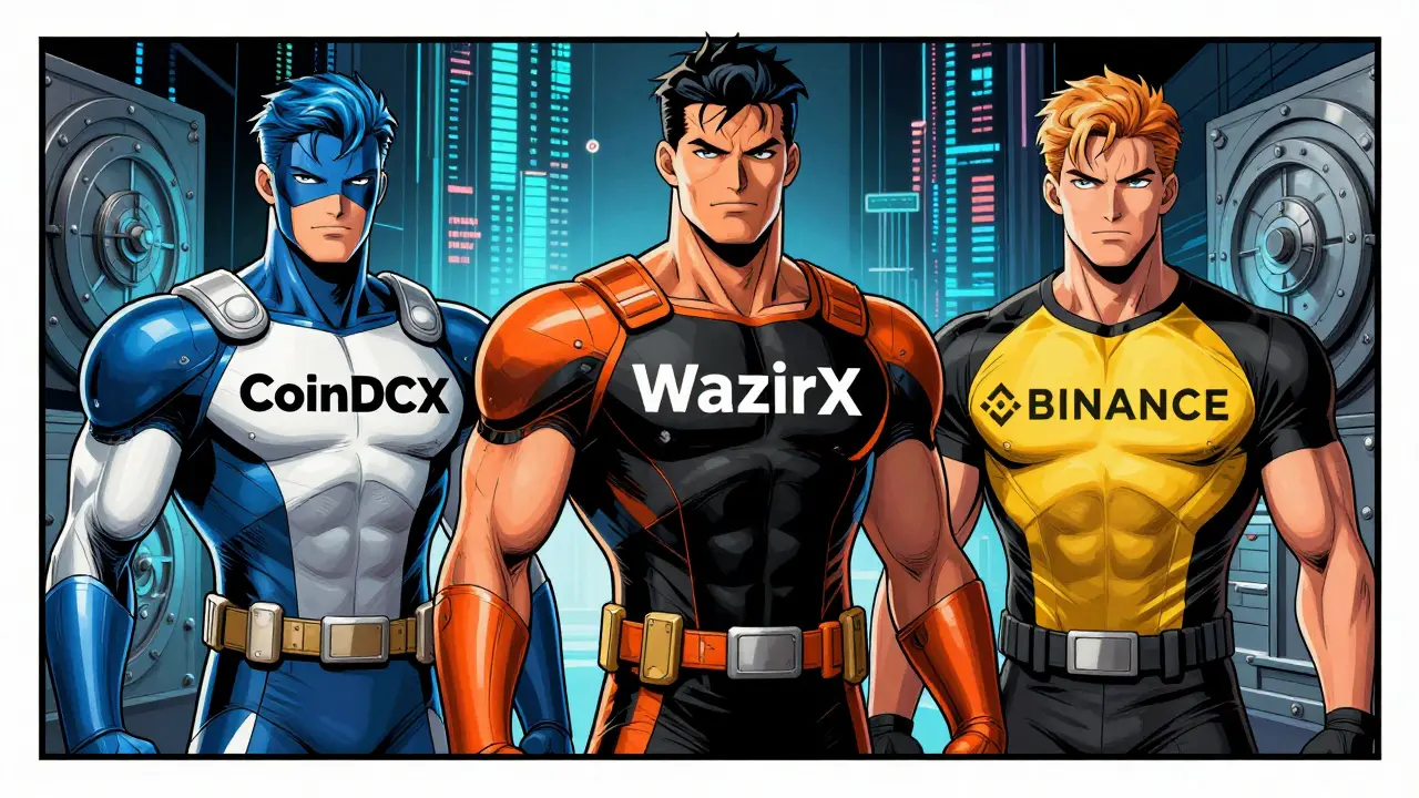 Three superhero avatars representing major Indian crypto exchanges