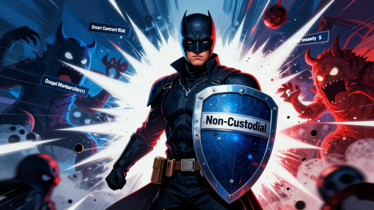 Vigilante defending against DeFi risks in DC comic style