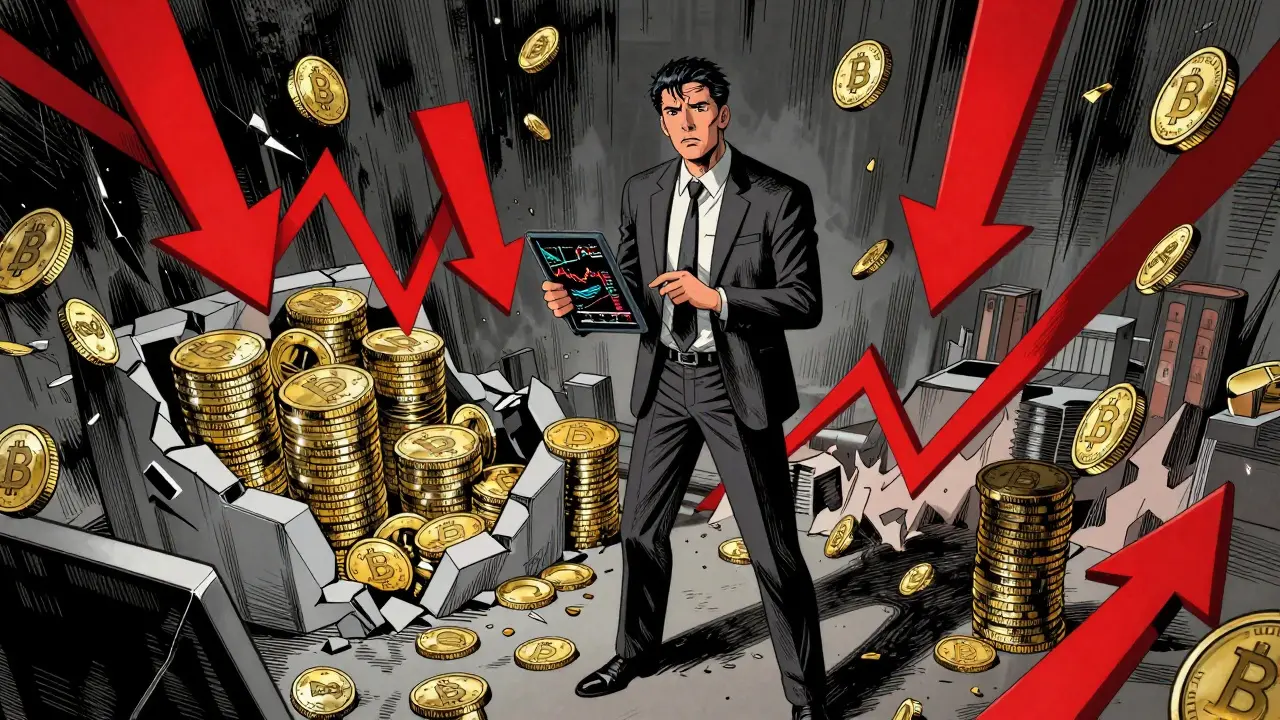 Analyst surrounded by falling coins and red market trend arrows