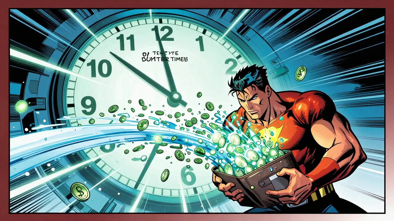 Comic hero holding wallet with streaming tokens and clock