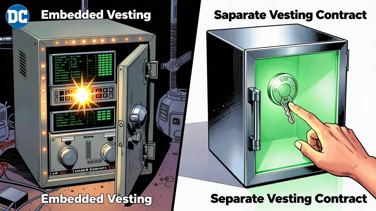 Comparison of embedded vs separate smart contract vests in comic art