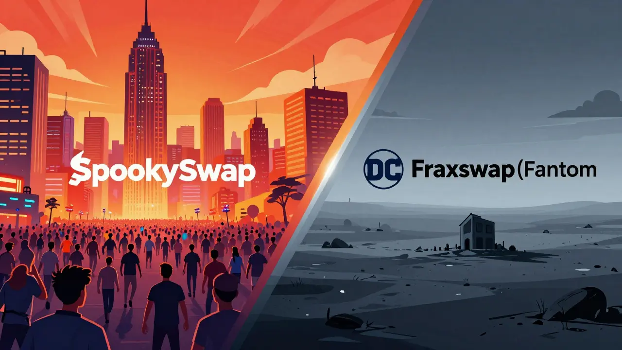Contrast between busy competitor DEXes and empty Fraxswap Fantom