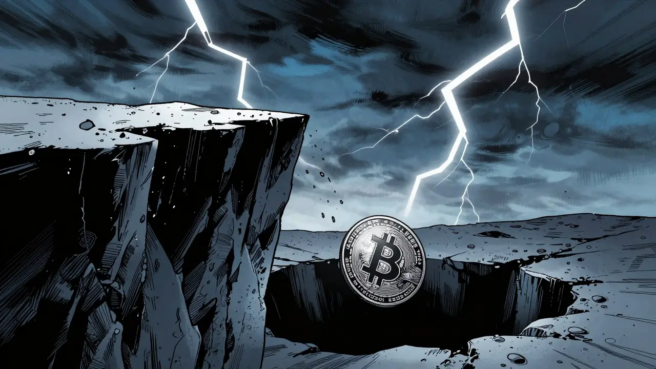 Cryptocurrency coin falling off a cliff into a stormy abyss, symbolizing price crash.
