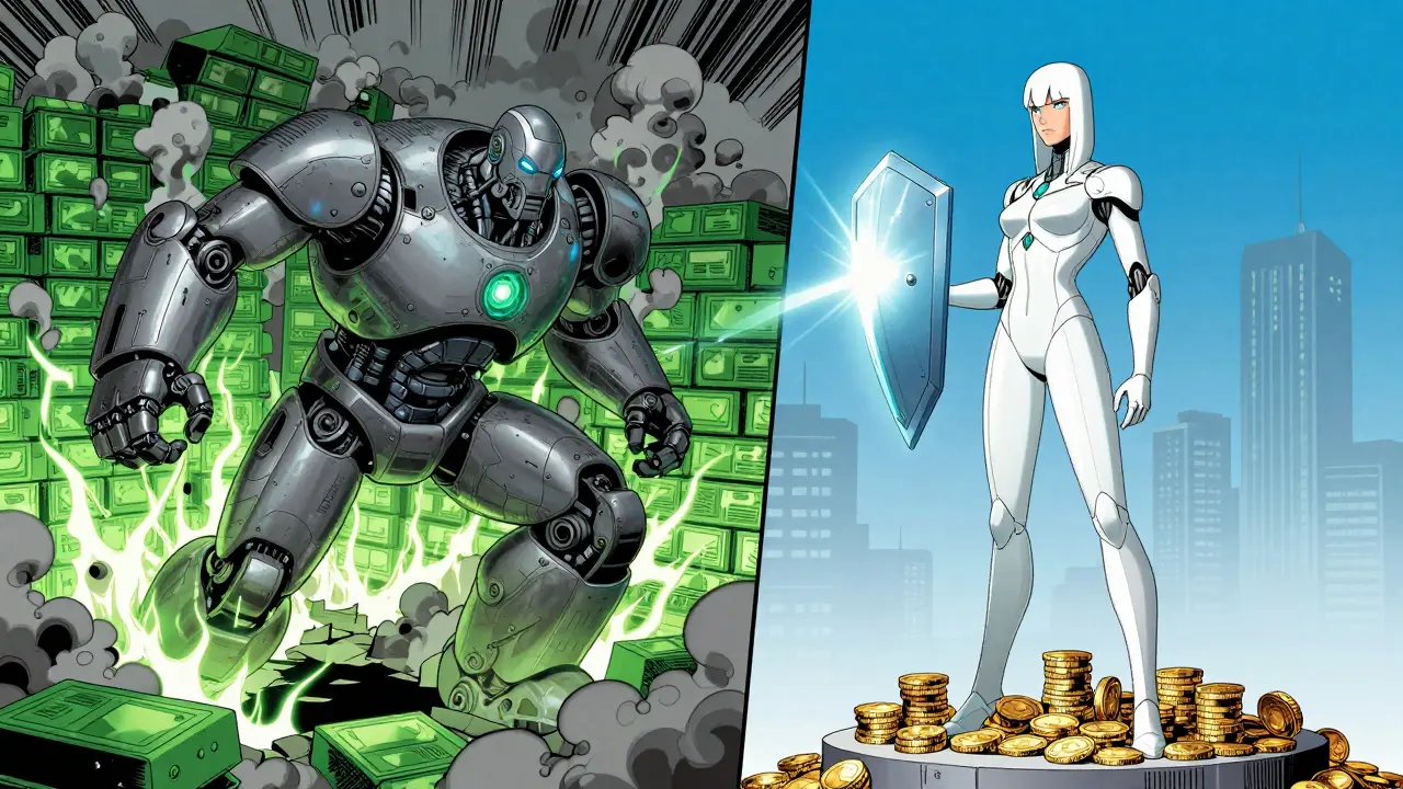DC style image contrasting a heavy mining robot with a sleek staking validator.