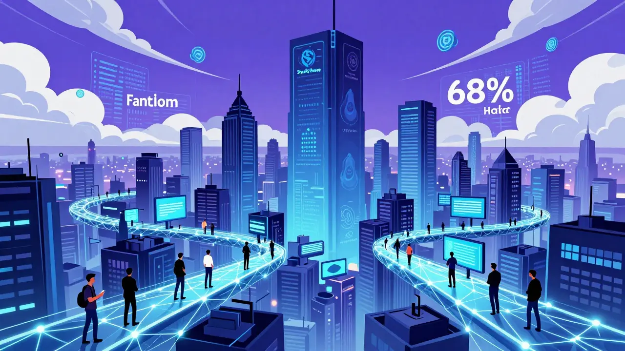 Digital cityscape showing SpookySwap ecosystem dominance