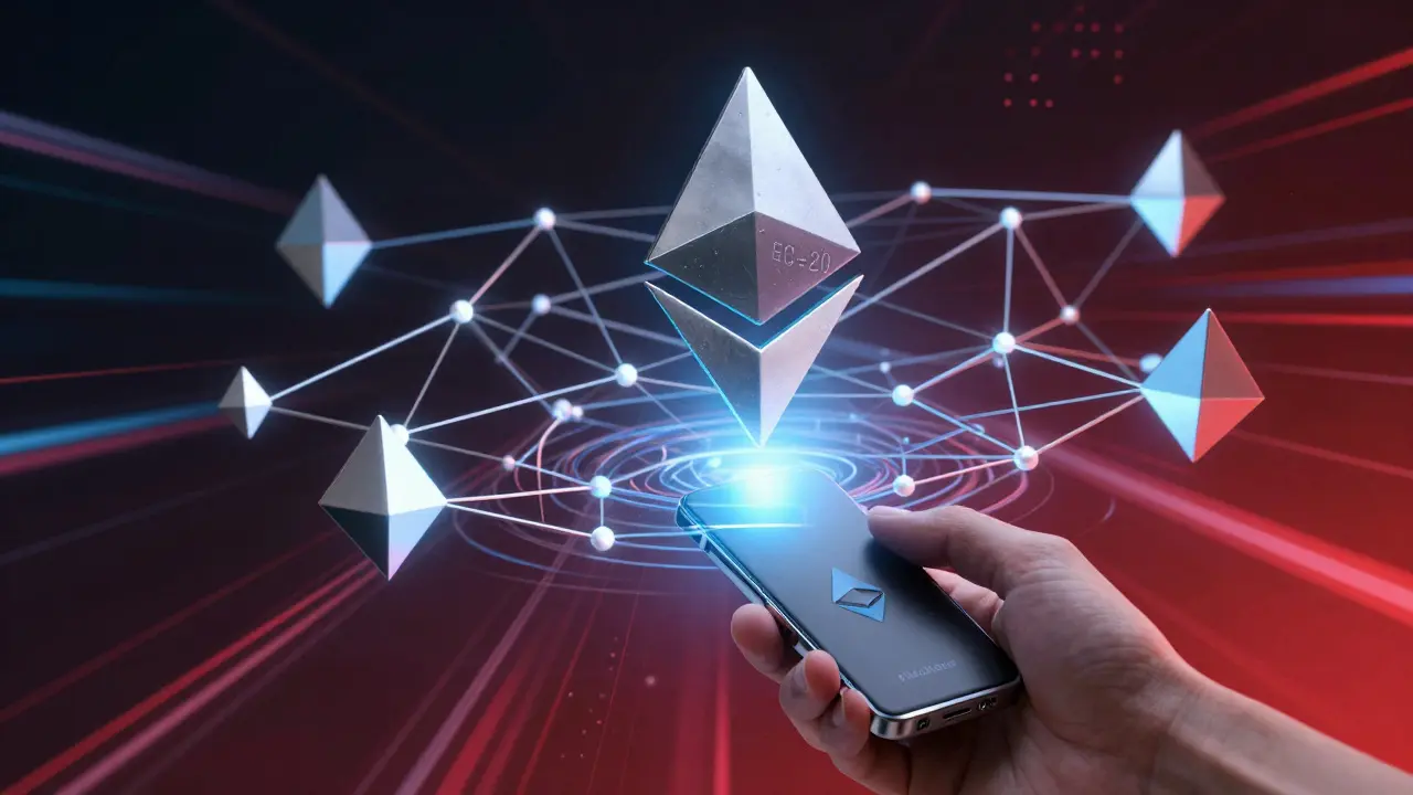 Digital Ethereum network with wallet interaction and tech elements