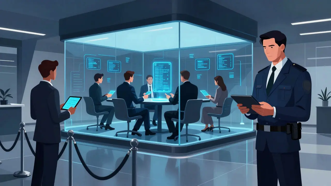 Exclusive club interior with secure data exchange, representing private blockchain
