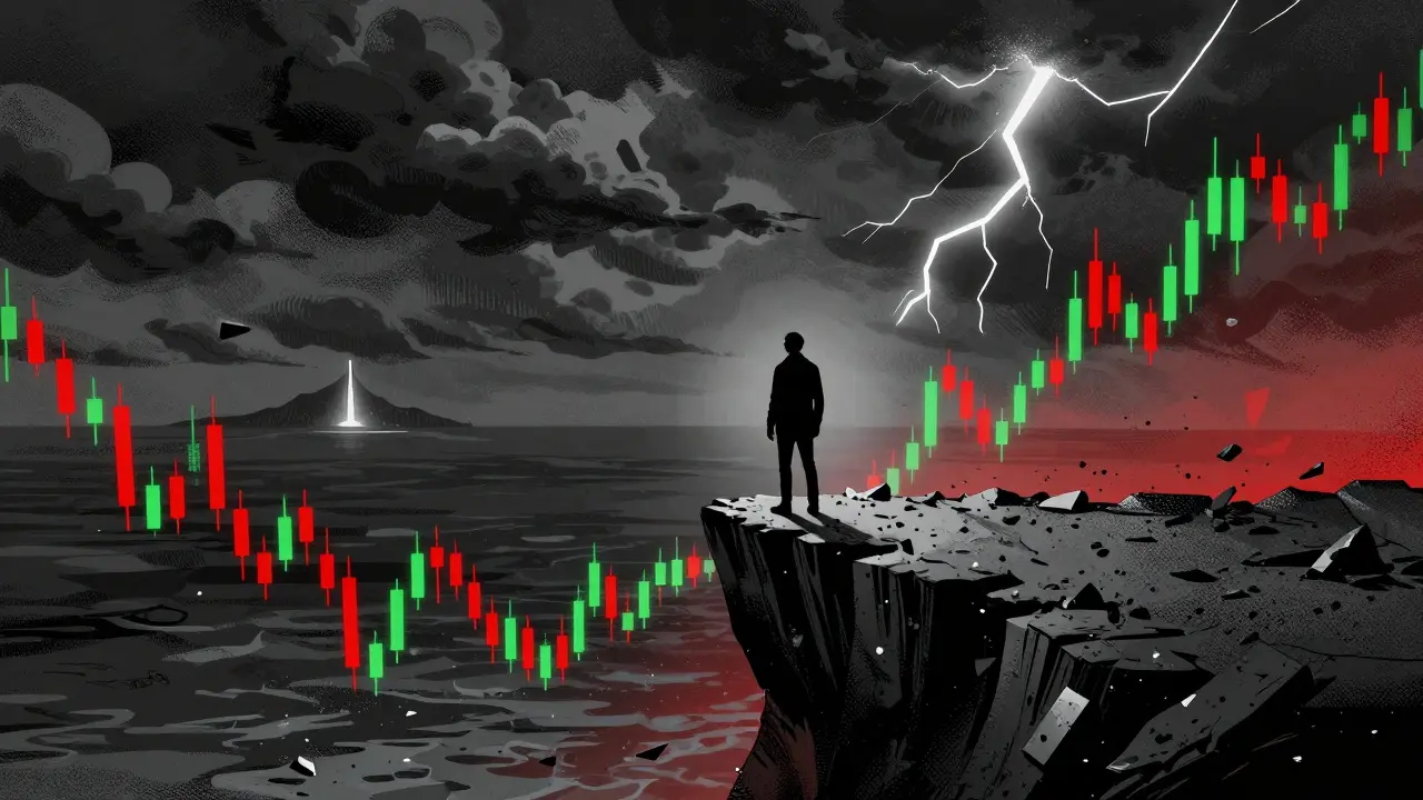 Figure on cliff edge overlooking volatile crypto charts in DC comic style
