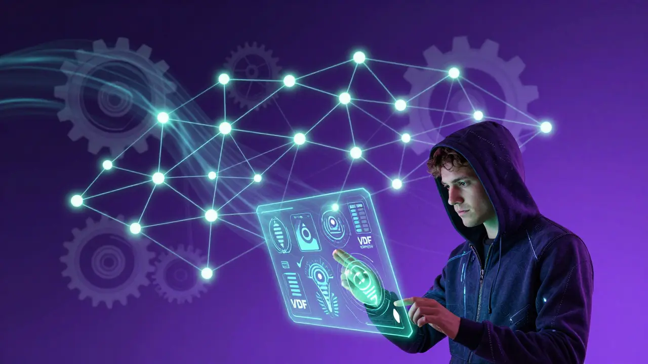 Futuristic comic art of a developer using holographic VDF and random beacons.