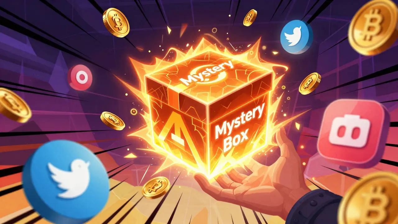 Glowing mystery box surrounded by crypto tokens and social media icons in comic style