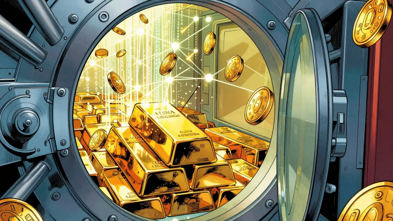 Gold bars transforming into digital tokens in a high-tech vault, DC comics art