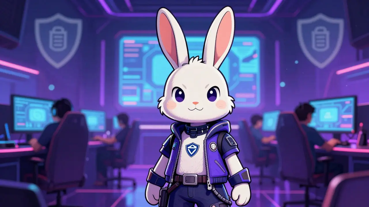 Hand-drawn KAKA Rabbit NFT character standing in front of e-sports arena background
